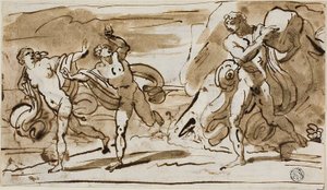 Polyphemus sziklákat dobott a menekülő Aeis-ben és Galateában (recto); Polyphemus nádsípját játszik a Galatea számára (fordítva) alkotó: Felice Giani