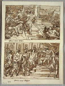 Remus megöli Amulius királyt; Remus láncban vezetett Amulius király előtt; Két tanulmány Carracci után alkotó: Felice Giani