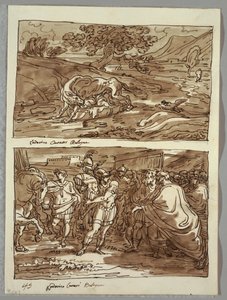 Romulus és Remus szopta a farkast; Romulus Jove Feretriusnak ajánlja a meghódított Acronius király zsákmányát, két tanulmány Carracci után alkotó: Felice Giani