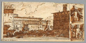 Sketchbook Page, Folio 57: Study after Piazza Emmanuelle in Bologna; Verso, Építészeti részlet alkotó: Felice Giani