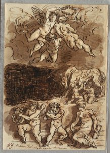 Három Putti Garlanddal; Romulus és Remus szoptat a She-Wolfból; Két Putti játszó cintányér alkotó: Felice Giani