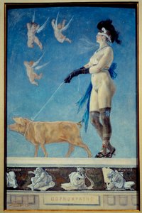 Pornokrates. Egy meztelen, bekötött szemű, harisnyás nőt húz egy disznó, akit pórázon tart – Felicien Rops (1833-1898) pornográf festménye Ec Belg