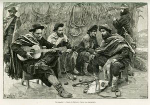 Payador, párbaj sétáló énekesek versében. Myrbach metszet, a Voyage a la Plata című történet illusztrálására 1886-ban, Emile Daireaux, in le tour du monde 1888, rendező: Edouard Charton (1807-1890), Hachette, Párizs.