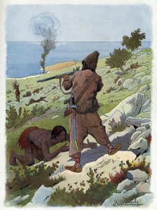 Robinson Crusoe megöli a pénteket üldöző vadakat.