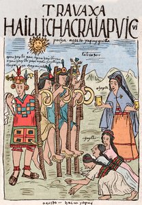 Inka Birodalom: a terepmunka kezdete augusztusban, egy nagy népi lakoma alkalmából, amelyen a nemesek is részt vettek - Don Felipe Puma de Ayala „Nueva coronica y buen gobierno” című kéziratából készült tusrajz, amely az utódok életét illusztrálja. alkotó: Felipe Huaman Poma de Ayala