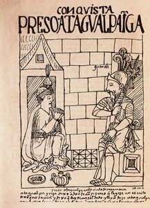 Atahualpa inka császár, a Conquistadores foglya Cajamarcában (Tintarajz