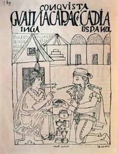 A cuzcói inka és az angol konkvisztádor ajándékot kapott Atahualpa inka császár szabadságáért cserébe (Tintarajz alkotó: Felipe Huaman Poma de Ayala