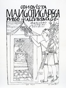 Manco Inca megpróbálja felégetni Cuyus Mango inka palotáját, amelyet keresztény istentiszteletre alakítottak át, de Isten közbelép (fametszet) alkotó: Felipe Huaman Poma de Ayala