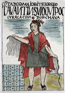 Quipu (Quipo Quipou) Inka könyvelési rendszer kötélben és csomókban, inka kultúra i.sz. 1400-1532, Felipe Guaman Puma de Ayala (Új Krónika és Jó Kormány), a 16. század indiai rovatvezetője kézirata.