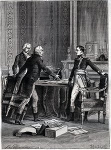 A három konzul első tanácskozása Peer-Luxembourgban – Bonaparte Napóleon, Emmanuel Joseph Sieyes és Pierre Roger-Ducos 1799 – Barbant metszete, Philippoteaux után – Első konzulátus, 24. Frimaire VIII (1799. december 15.), az első ülés első ülése