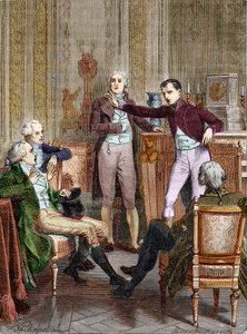 Az első konzul, Bonaparte Gaspard Monge matematikussal beszélget – Bonaparte főkonzul és Gaspard Monge (1746-1818) metszetének beszélgetése, Felix Philippoteaux (1815-1884).