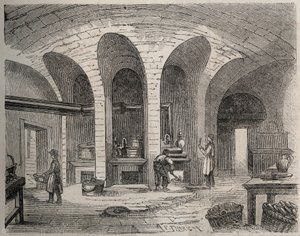 Párizs - Prison de la petite Roquette (nők és tinédzserek börtöne) - Les Cuisines - Metszet Felix Thorigny nyomán - a Le Monde Illustre-ben 1865 júliusából