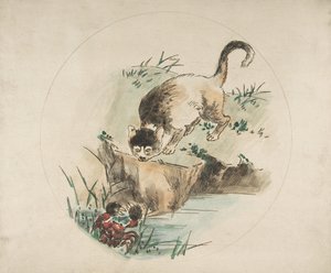 Dísz tányérhoz: Rákra vadászó macska, 1850-1914. alkotó: Felix Bracquemond