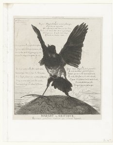 Szarka kitárt szárnyakkal, tolltollal a lábában áll a földgömbön Párizs térképével Margot la Critique (cím a tárgyon) La Pie alkotó: Felix Bracquemond
