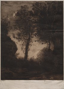 Táj: Naplemente, Corot után, c. 1858. alkotó: Felix Bracquemond