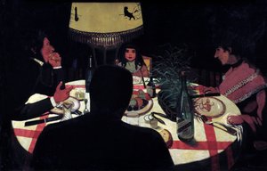 Vacsora, lámpa hatás. A festő ábrázolása veszi körül feleségét és gyönyörű gyermekeit. Felix Vallotton festménye (1865-1925) Ec. Kövesse alkotó: Felix Edouard Vallotton