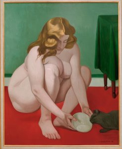 Guggoló nő tejjel kínál egy macskát alkotó: Felix Edouard Vallotton