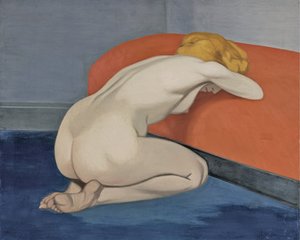 Meztelen nő egy vörös kanapé előtt térdel, 1915