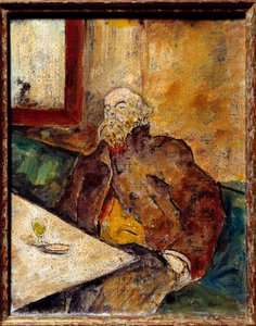 Paul Verlaine (1844-1896) francia költő portréja a bárban ül egy pohár abszint előtt. Felix Vallotton (1865-1925) festménye alkotó: Felix Edouard Vallotton