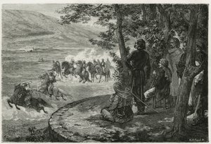 A djerid versenye, a lovas elkezdett egy rövid botot fogni, amely a lándzsát és a puskát is ábrázolta; a feje fölé ágazta, mielőtt eldobta, F. Regamey metszetével, hogy illusztrálja a Les Ansaries című történetét, Leon Cahun, egy küldetéscha alkotó: Felix Elie Regamey
