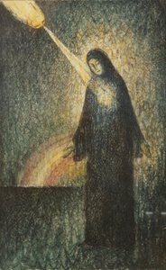 Szivárvány által megvilágított nő (tintával és pauszpapírral)