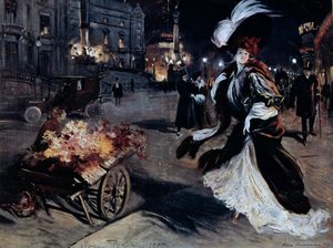 Belle Epoque: Nő kócsagokban egy párizsi utcában éjjel. Illusztráció: Felix Fournery (1865-1938)
