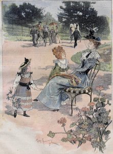 Gyermekséta a párizsi akklimatizációs kertbe 1892-ben. Az öntödei akvarell gravírozása.