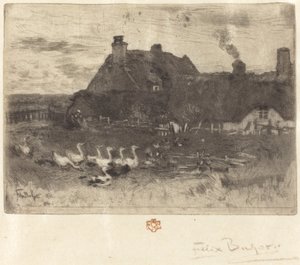 Les Petites Chaumières nádfedeles nyaralók – Kis tányér, 1878. alkotó: Felix Hilaire Buhot