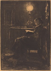 Lámpaolvasó (Lámpafénynél olvasó nő) alkotó: Felix Hilaire Buhot