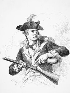 Egy amerikai katona, a szabadságharc alatt, porkürtjével a tűzköves muskétája serpenyőjét alapozta meg, A. Bollett metszetével (metszet) alkotó: Felix Octavius Carr (after) Darley