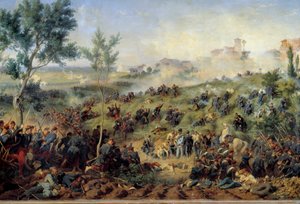 Kilátás a Montebello di Casteggio-i csatára, 1859.05.20. Franciaország legyőzi az osztrák hadsereget. Henry Felix-Emmanuel Philippoteaux (1815-1884) festménye 1862. Dim. 1x1,5 m. Párizs, Hadsereg Múzeum – Kilátás az 1859. május 20-i Montebello di Casteggio alkotó: Felix Philippoteaux