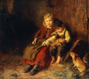 Két gyerek játszik nyulakkal,