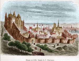 Dieppe városa kastélyával (Seine Maritime) (76) Normandiában 1489-ben. alkotó: Felix Thorigny