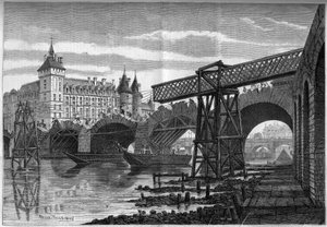 Párizs átalakításai a második birodalom alatt, Haussmann Paris: a Pont au Change lebontása (1639-1647) és az ideiglenes híd felállítása. Felix Thorigny metszete a „” Le Monde Illustré”” 78. számában, 1858. október 9-én.