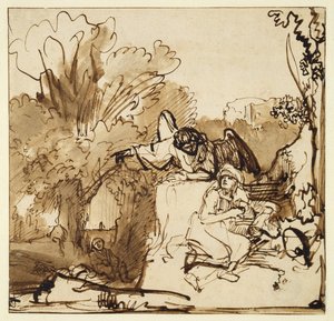 Az angyal megjelenik Hágárnak és Izmaelnek (toll és tinta, és papíron mossa le) alkotó: Ferdinand Bol