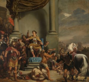 Titus Manlius Imperiosus Torquatus elrendeli fia lefejezését. 1661-64 alkotó: Ferdinand Bol
