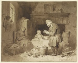 Míg egy nő elaludt, egy öregember krumplit pucol alkotó: Ferdinand De Braekeleer (I)