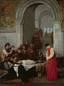 Luca Signorelli festőművész riválisa halott fiának holtteste mellett áll, 1859