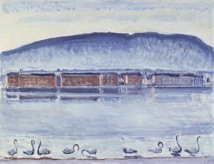 Genfi-tó Mont Salève-vel és hattyúkkal alkotó: Ferdinand Hodler