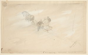 Egy szán felülről nézve, ló húzza, két ember ül és egy mellette áll, hátulról nézve alkotó: Ferdinand Kjerulf Tranaas