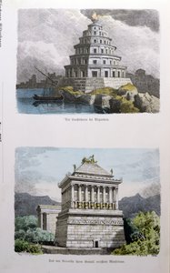 Az alexandriai nagy világítótorony és a halicarnassus-i mauzóleum a „Münchener Bilderbogen”-ben, 1886-ban megjelent „A világ hét csodája” sorozatából
