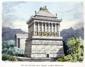 A halikarnasszoszi mauzóleum, a "Muenchnener Bilderbogen"-ben megjelent "Az ókori világ hét csodája" című sorozatból. 1886 (színes metszet)