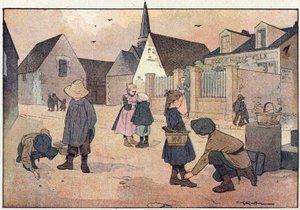 Iskolán kívül, a gyermekkori képeskönyvben, 1900 körül (metszet) alkotó: Ferdinand Raffin