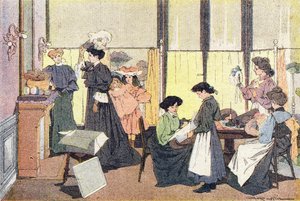 A modista, a gyermekkori képeskönyvben, 1900 körül (metszet) alkotó: Ferdinand Raffin