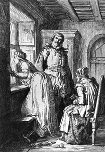 Klaerchen Egmontra vár, Egmont illusztrációja, Johann Wolfgang von Goethe (1749-1832) tragédiája, Ferdinand Rothbart (1823-1899) rajza után fametszet alkotó: Ferdinand Rothbart