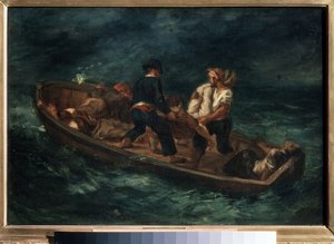 „Hajótörés után” (más néven „Elhagyott hajóroncsok egy kenuban”) Hajótörés túlélői egy tutajon. Eugene Delacroix (1798-1863) festménye 1847 Puskin Szépművészeti Múzeum, Moszkva alkotó: Ferdinand Victor Eugene Delacroix
