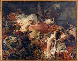 Sardanapale halála. Sardanapale, az asszír király ostromát a felkelők ostromolták le, és feleségét és lovait lemészárolták, mielőtt öngyilkos lett. Eugene Delacroix festménye (1798-1863) alkotó: Ferdinand Victor Eugene Delacroix