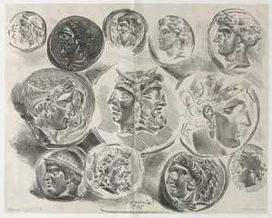 Tizenkét antik érmet tartalmazó lap, 1825. alkotó: Ferdinand Victor Eugene Delacroix