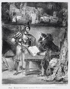 Faust és Mephistopheles első találkozása: „Miért ez a zaj”, Goethe Faustja, 1828, (illusztráció) (bw fotó a litográfiáról) alkotó: Ferdinand Victor Eugene Delacroix