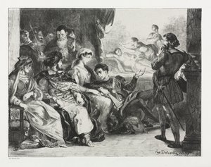Hamlet: Hamlet megparancsolja a színészeknek, hogy készítsenek egy jelenetet az apja megmérgezéséből, 1834. alkotó: Ferdinand Victor Eugene Delacroix